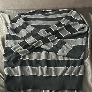 Gray and black striped crew neck sweater men.